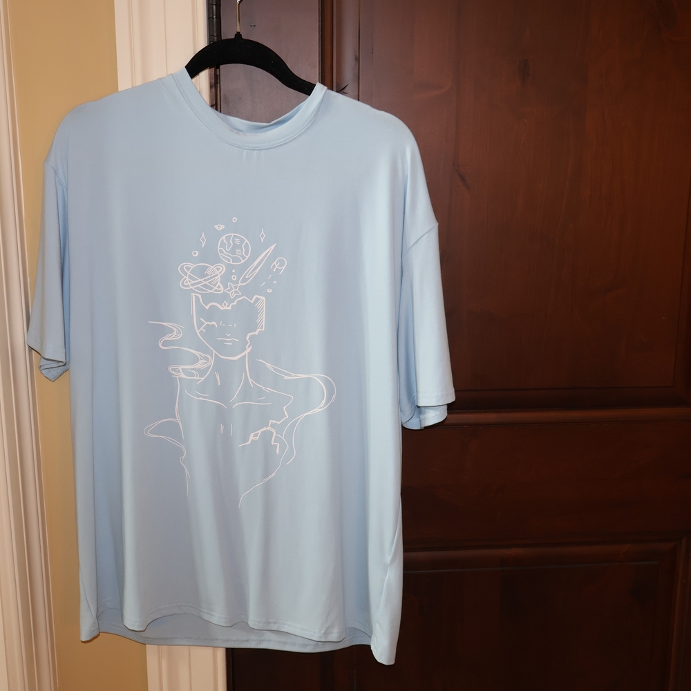 SHEIN Sky Blue Women’s Tee with White Cosmic Line Art